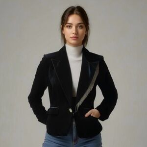 Lisueyne Purple Velvet Jacket Silver Fringe Long Sleeve Lined Women’s Size M NWT